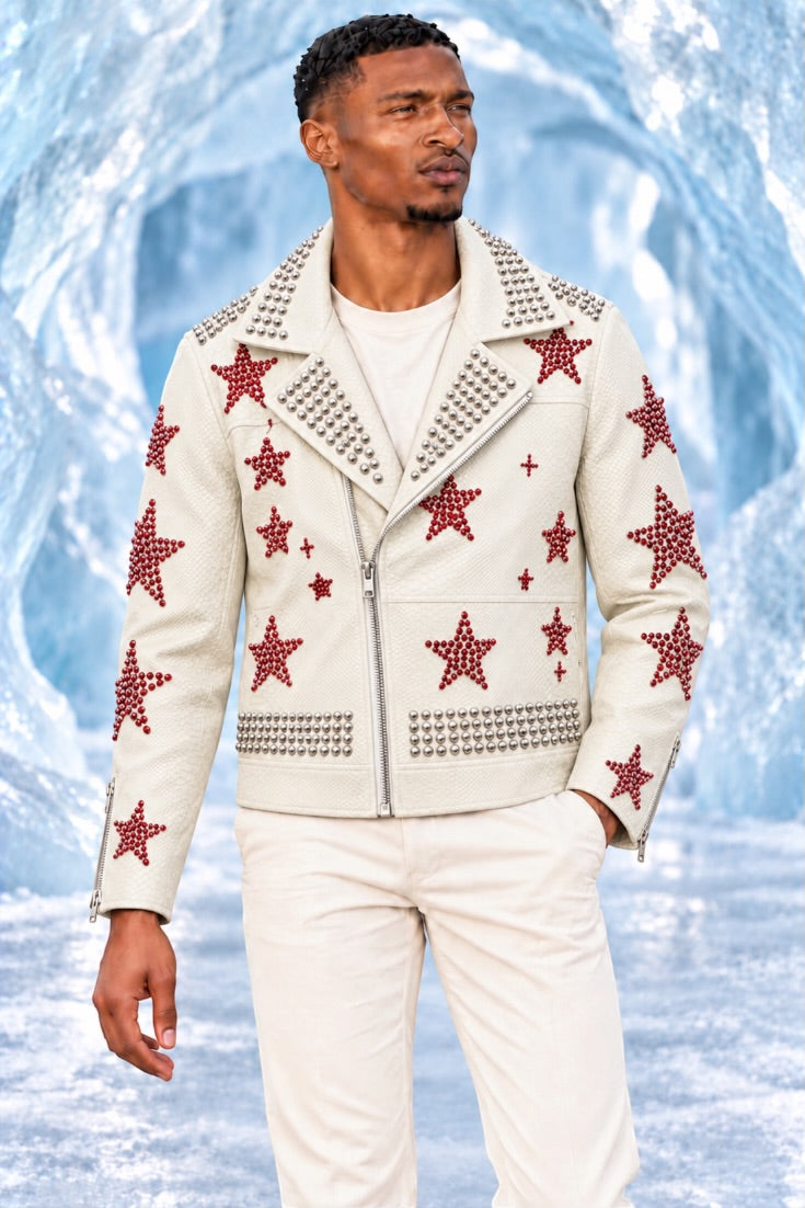 Ivory Rockstar Crimson Star Studded Biker Jacket