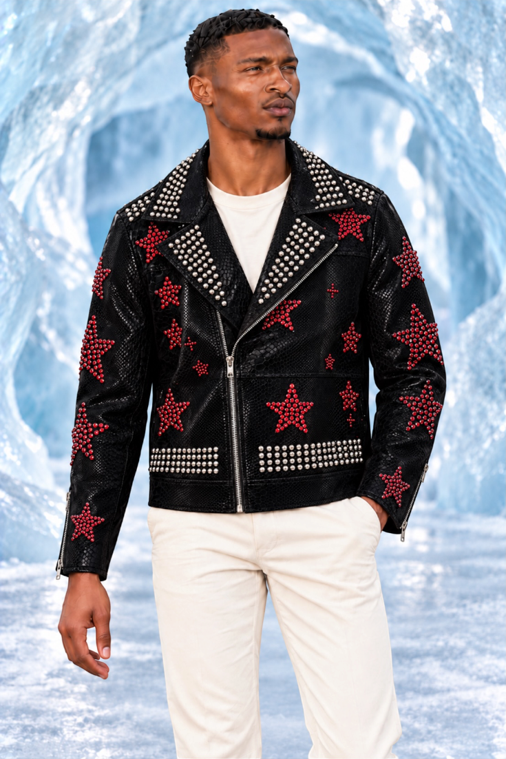 Crimson Rockstar Studded Biker Jacket