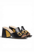 Black Leather Horsebit Heel Mules