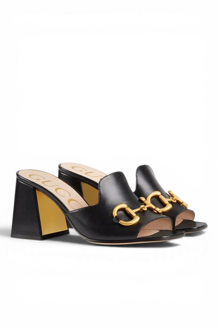 Black Leather Horsebit Heel Mules