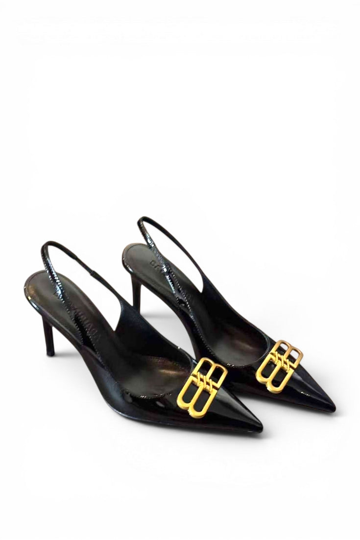 Black patent slingback stilettos