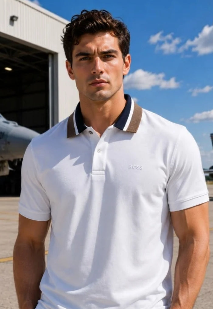 White Brown Collar Signature Polo