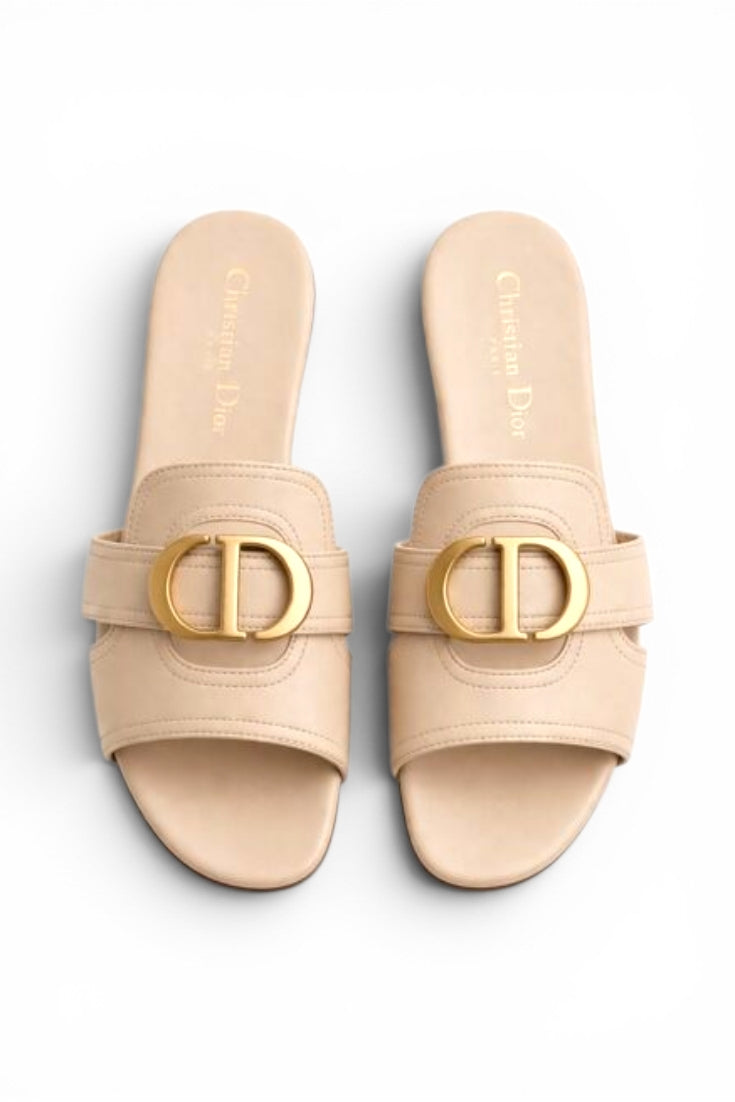 Beige Leather Logo Slides