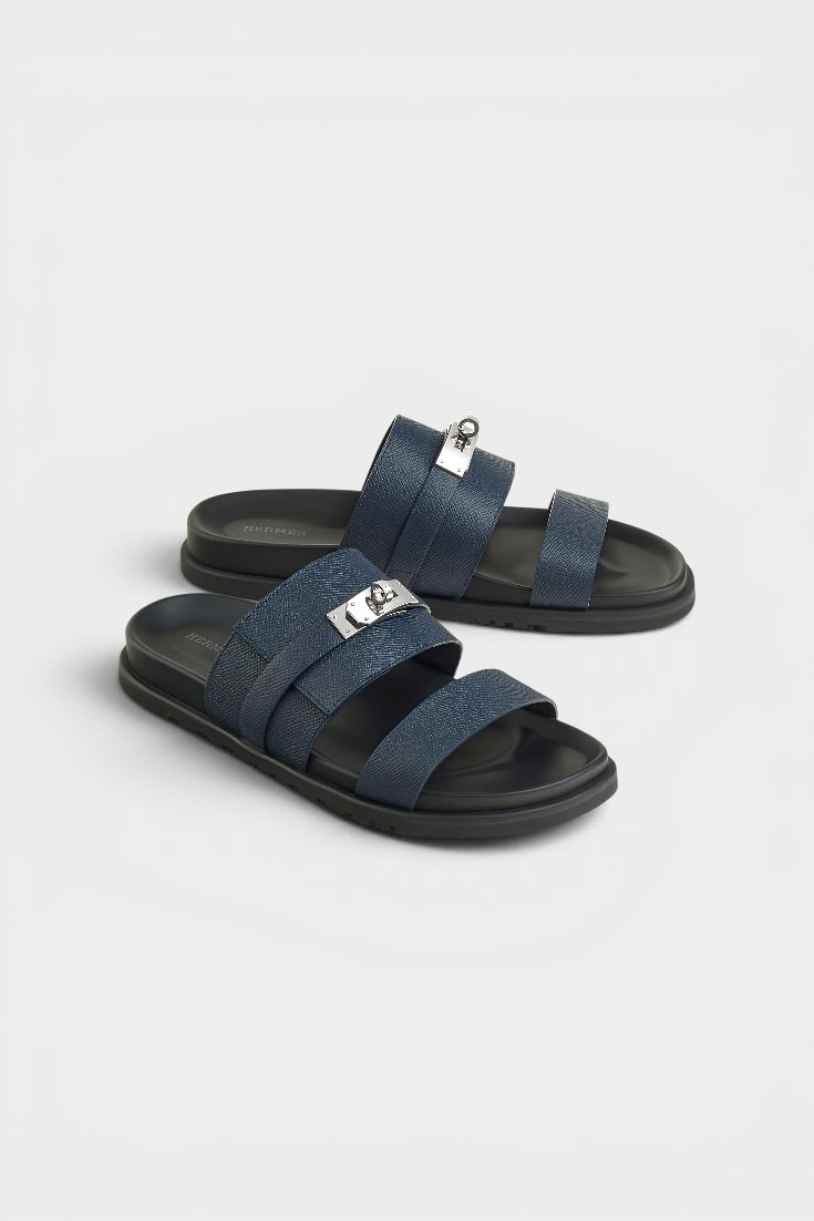 Multi Strap Leather Sandals Blue-Textured