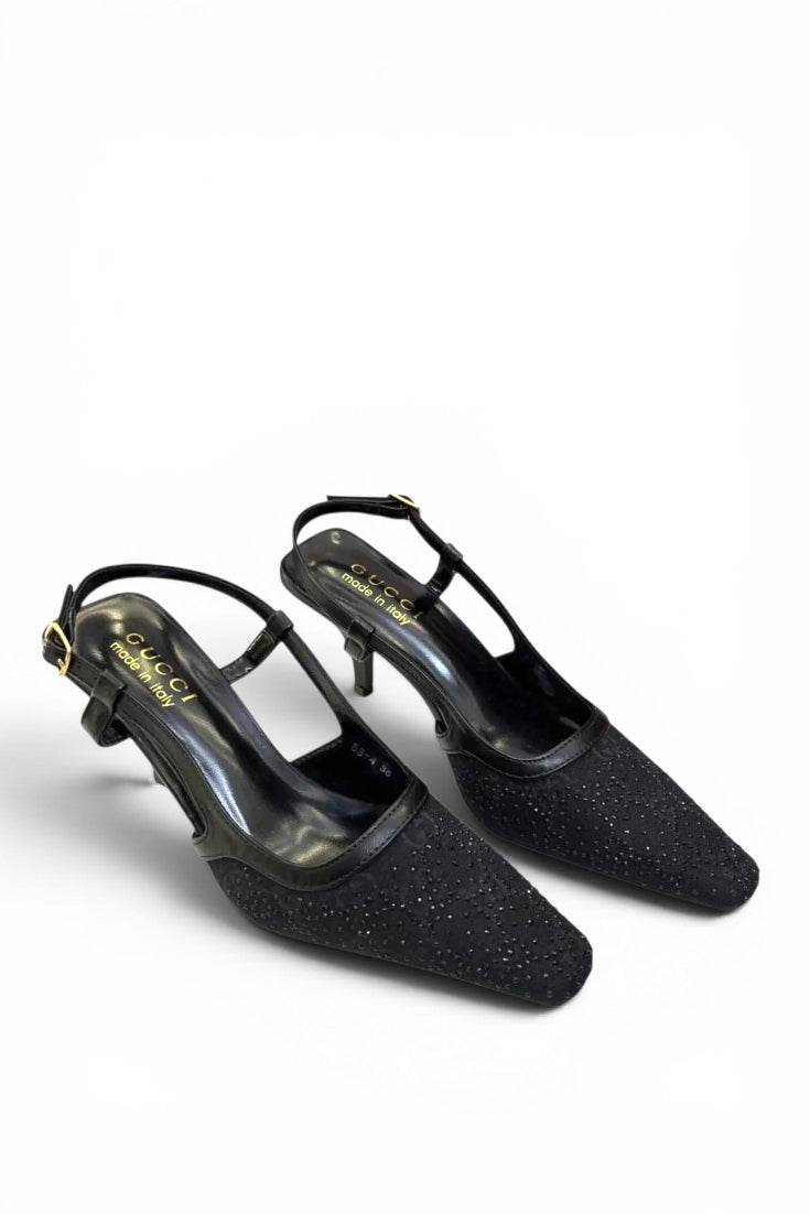 Black crystal slingback heels