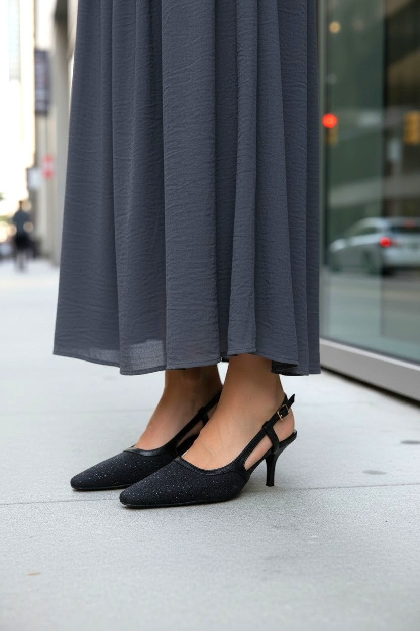 Black crystal slingback heels