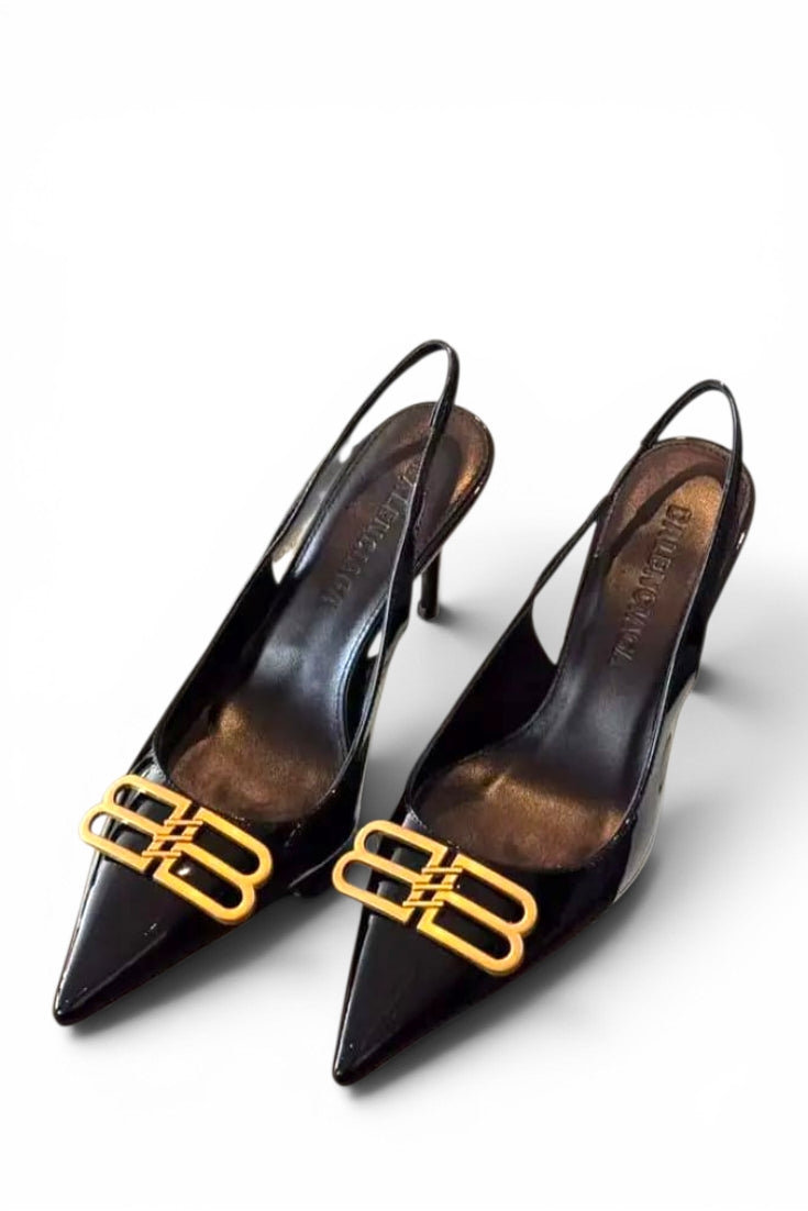 Black patent slingback stilettos