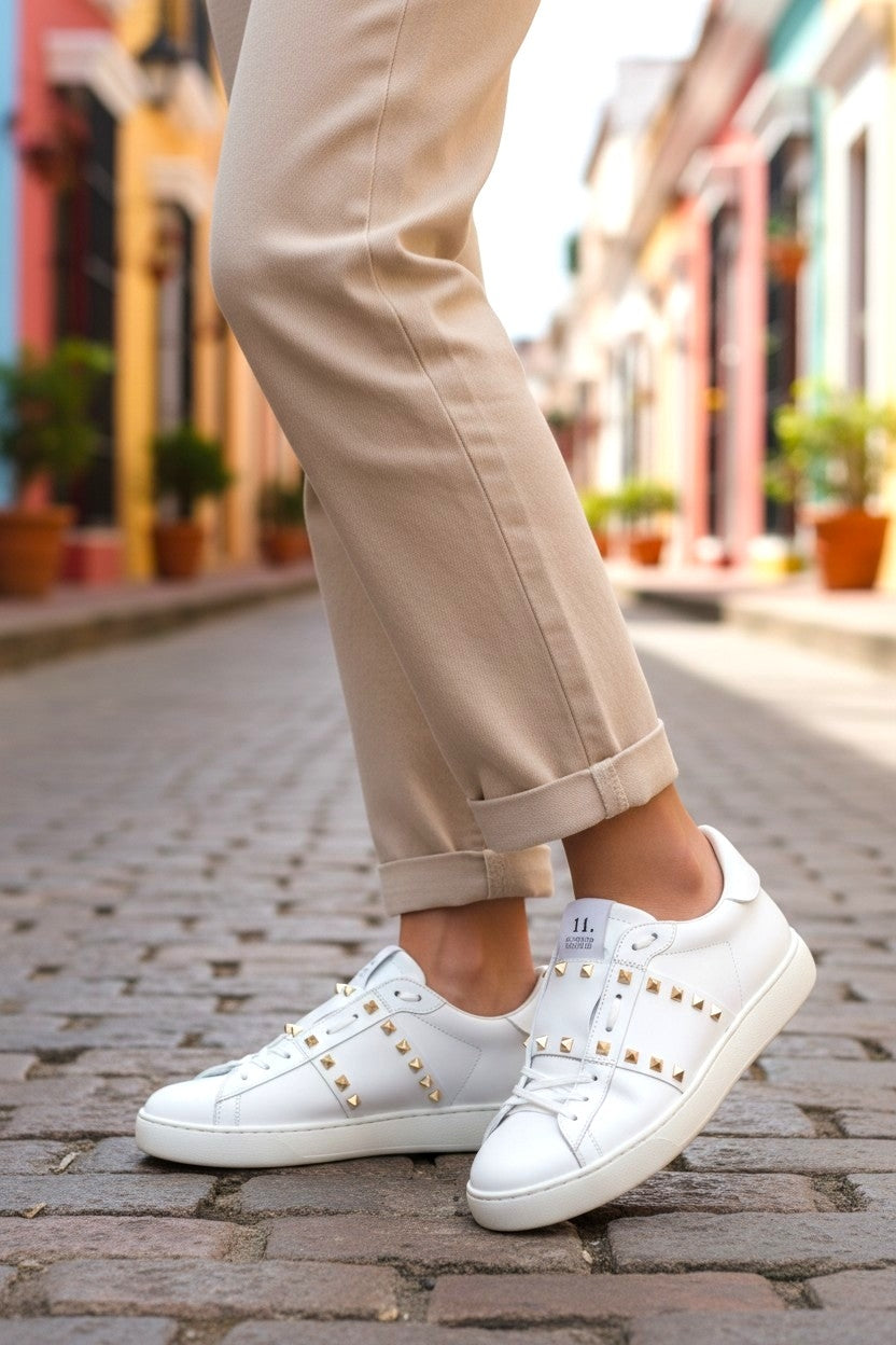 White Studded Low-Top Sneakers
