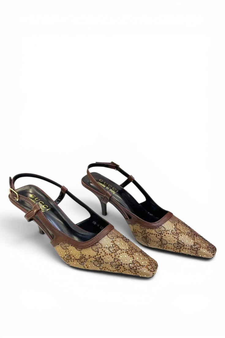 Brown Crystal Monogram Slingbacks